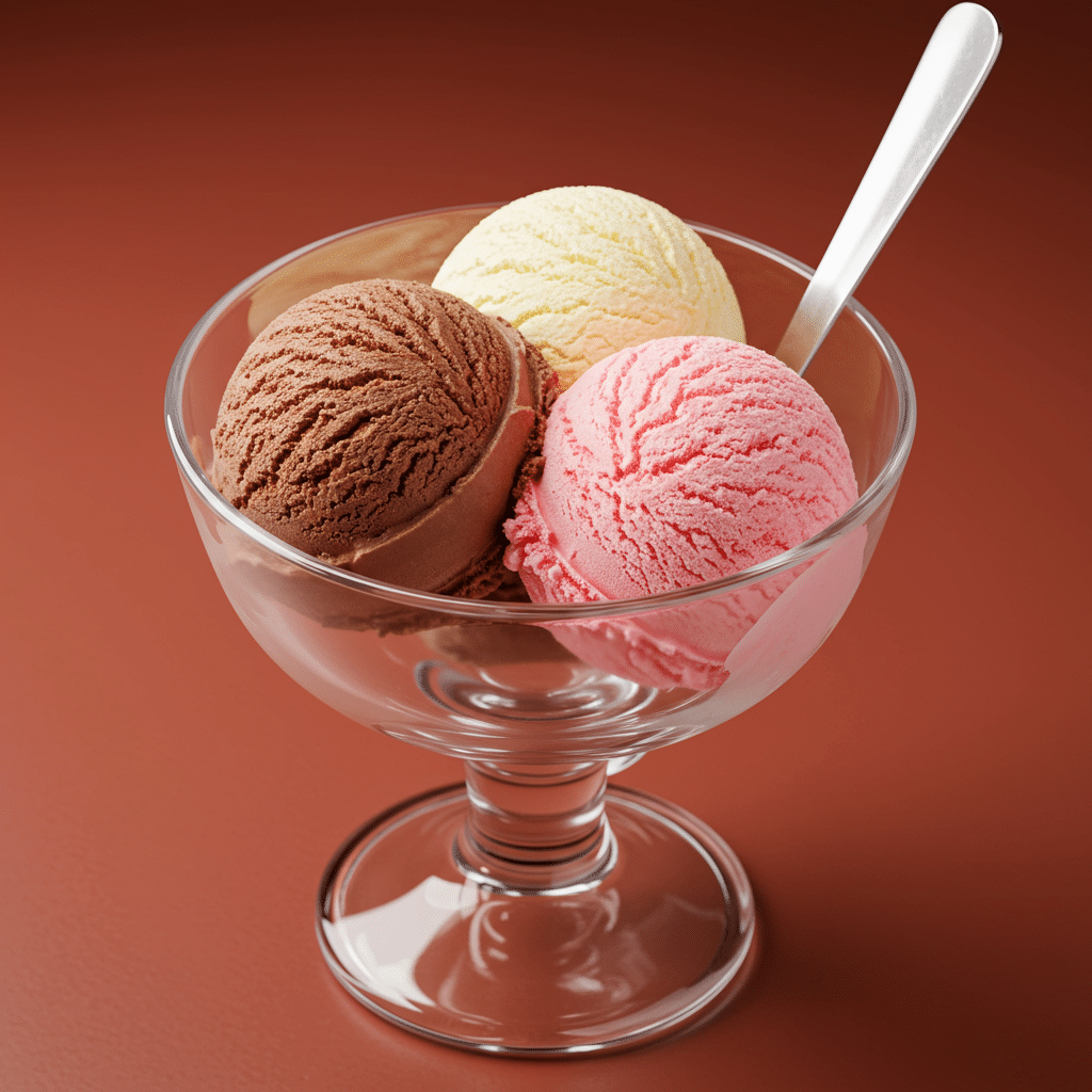 Three scoops of homemade Neapolitan Ice Cream in a glass dish.