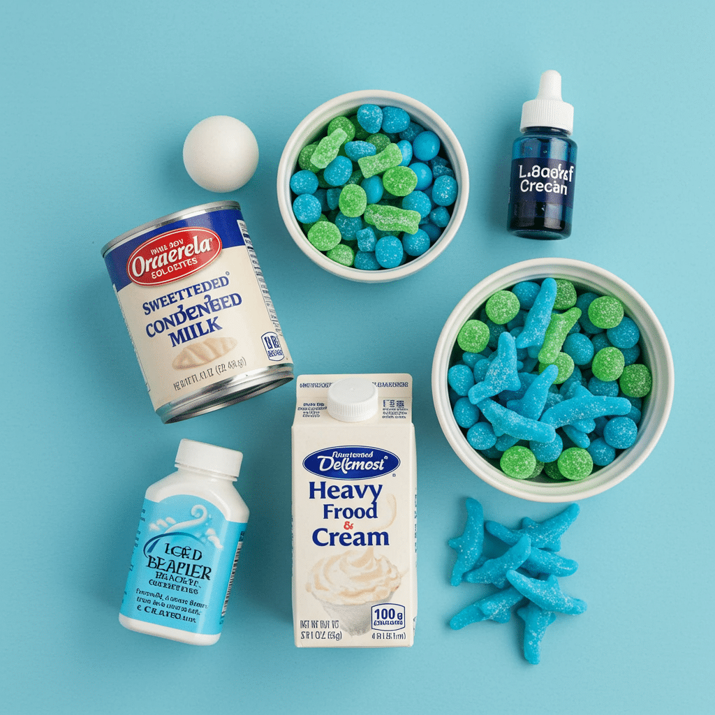 Ingredients for the easy No-Churn Shark Ice Cream recipe.