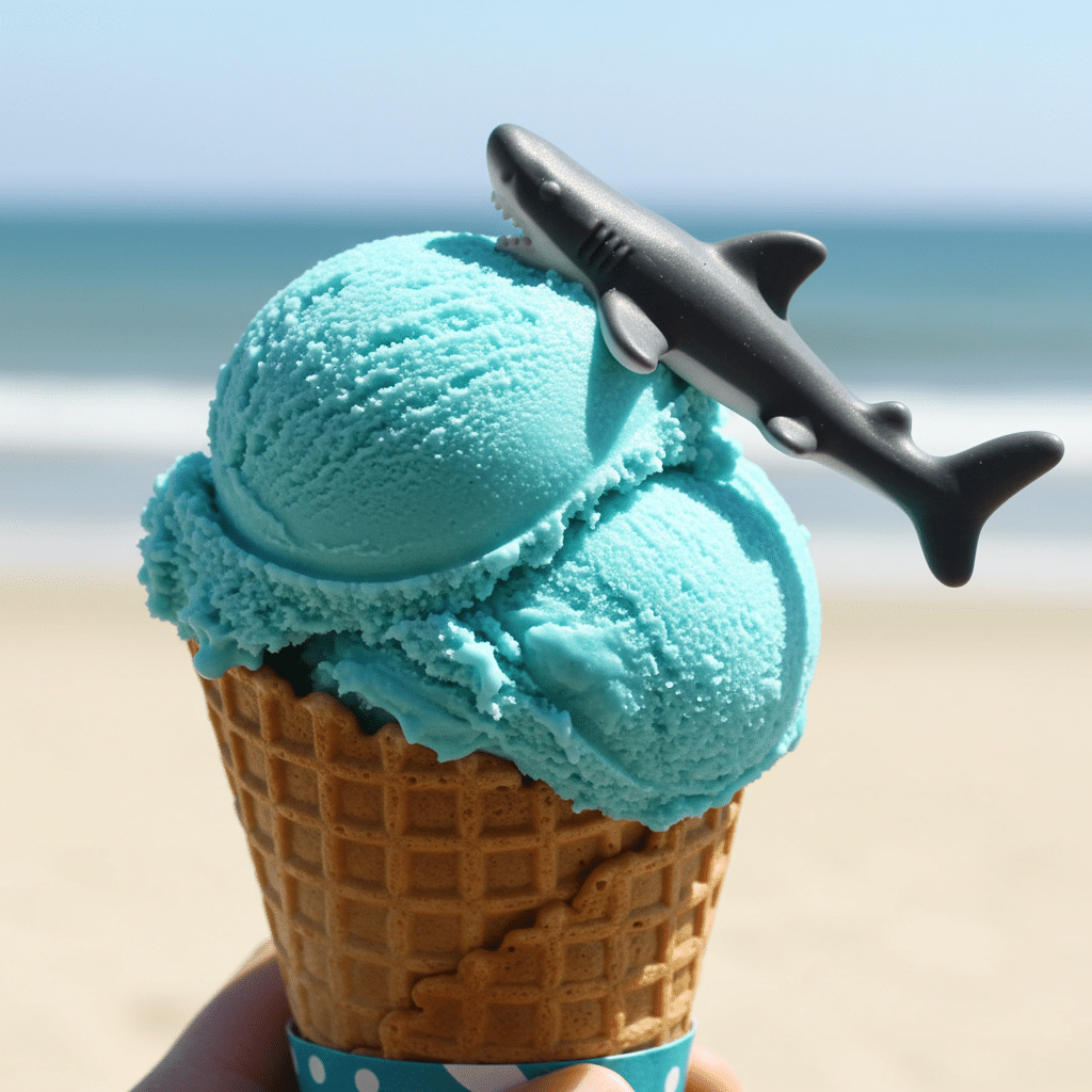 A scoop of No-Churn Shark Ice Cream on a cone, garnished with a gummy shark.