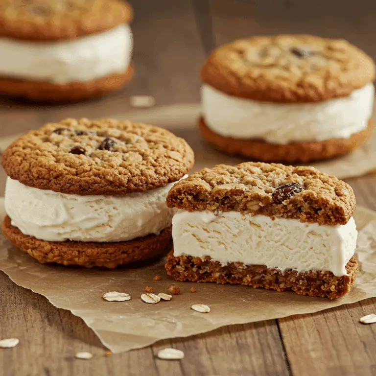 Two homemade Oat Milk and Oatmeal Cookie Ice Cream Sandwiches, one cut in half.