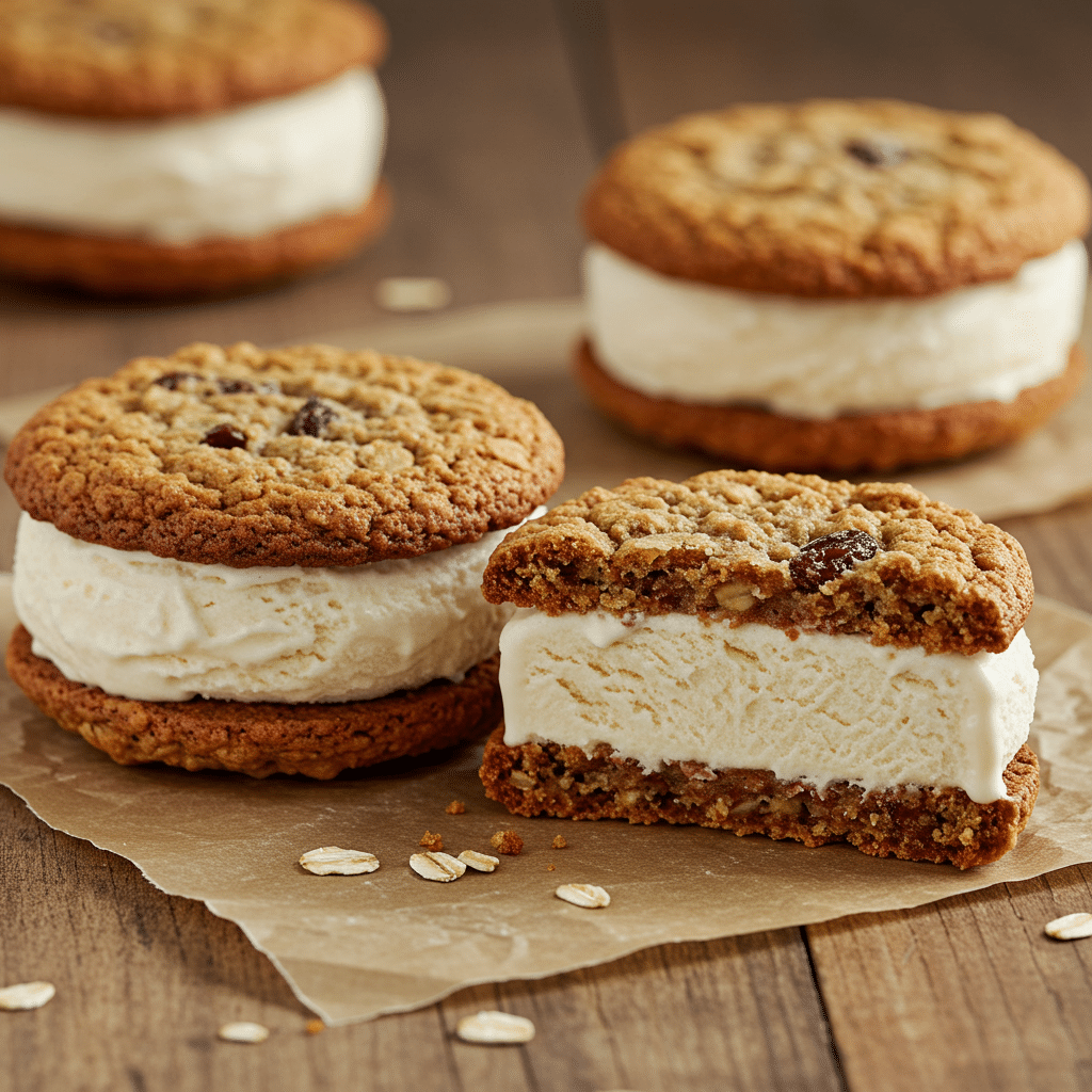 Two homemade Oat Milk and Oatmeal Cookie Ice Cream Sandwiches, one cut in half.