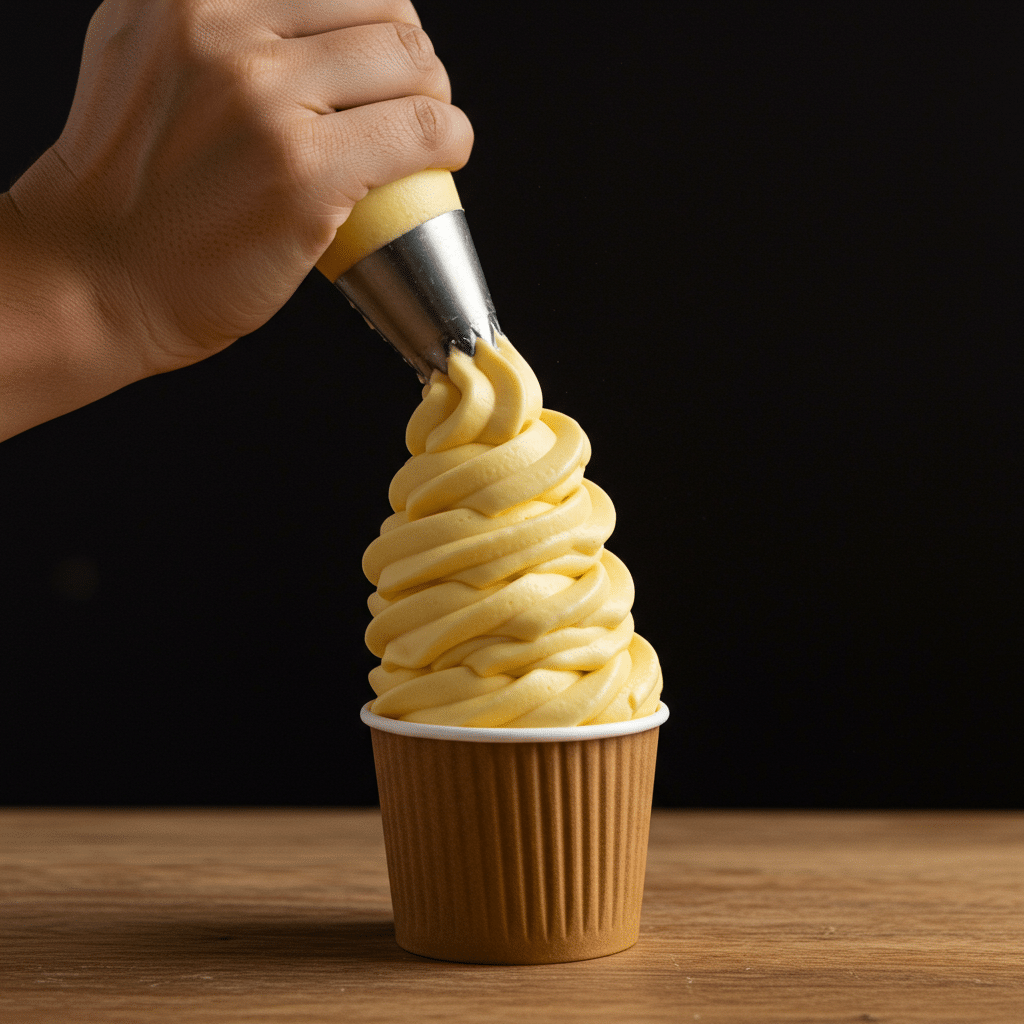 Piping the finished Orange-Vanilla Frozen Custard into a cup for serving.