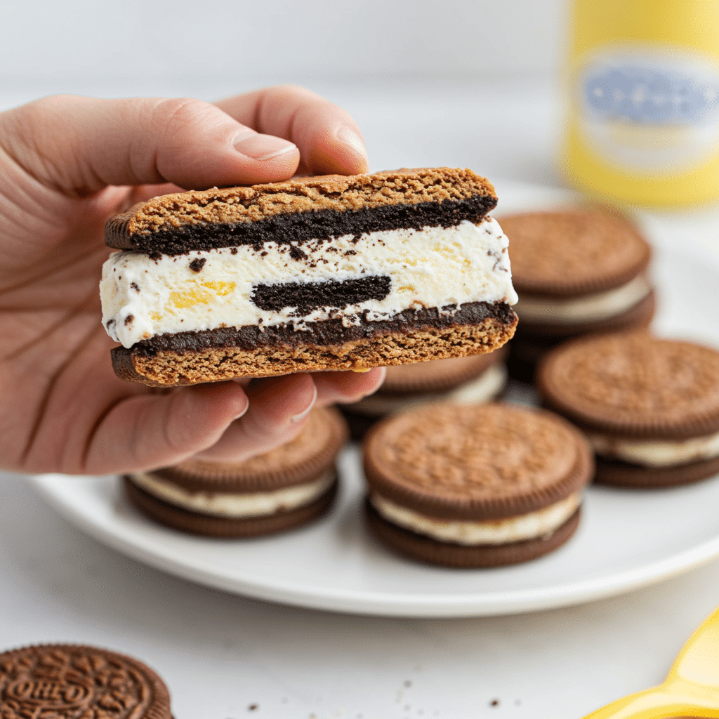 A platter of Oreo-Stuffed Ice Cream Sandwiches at a party.