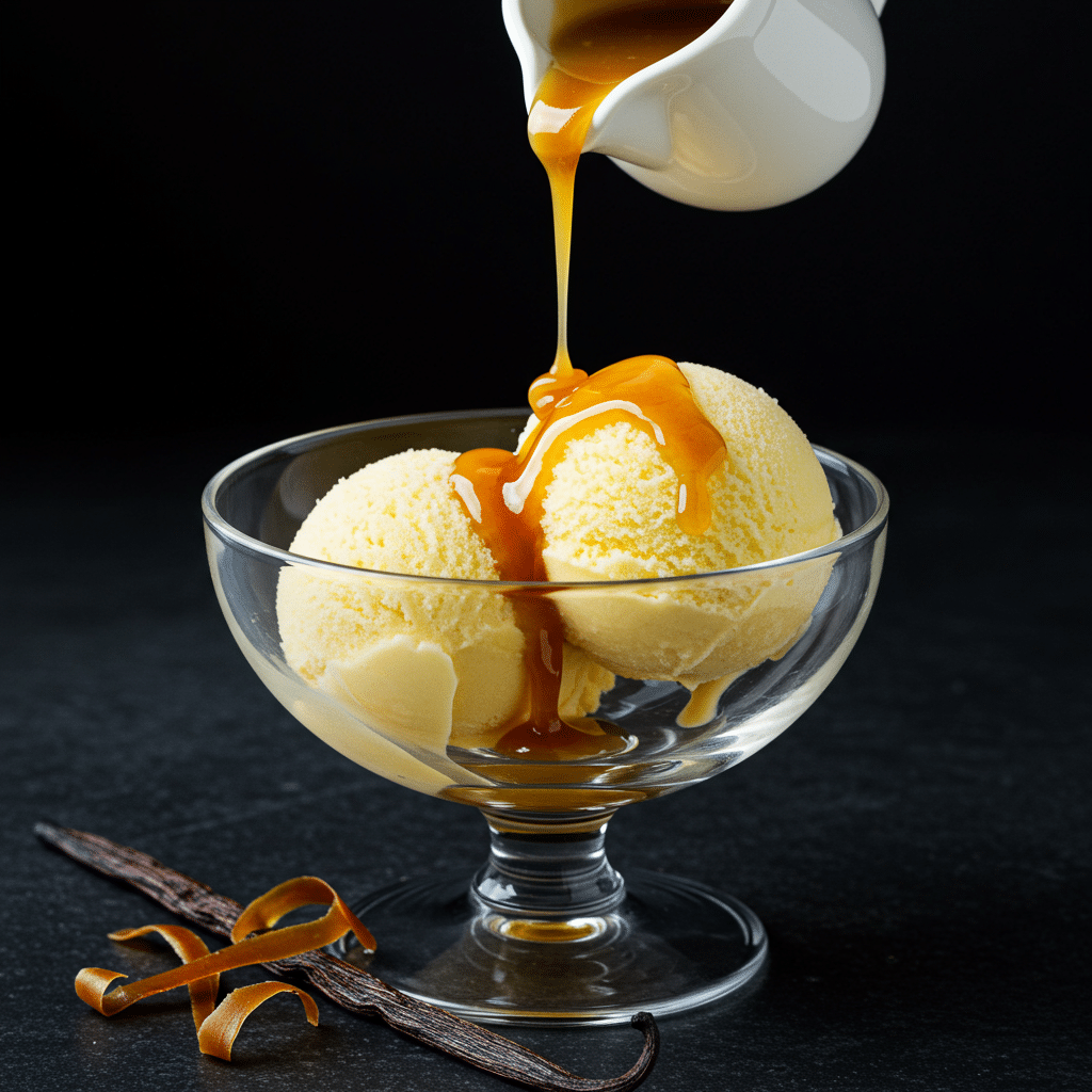 A bowl of homemade, no-churn Passion Fruit Ice Cream with a Rum-Vanilla Caramel Sauce drizzle.