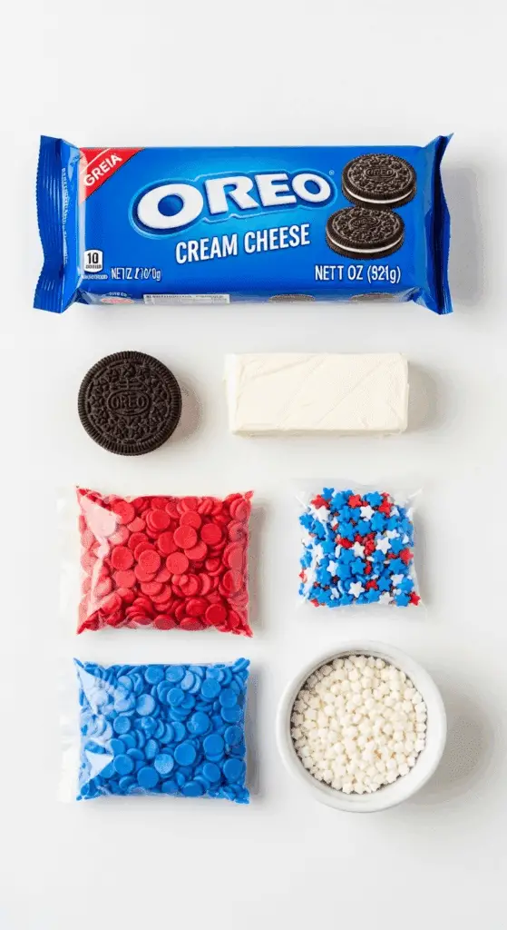 Ingredients for the no-bake Patriotic Oreo Balls.