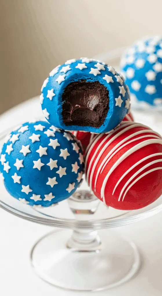 A stack of finished Patriotic Oreo Balls, one with a bite taken out.