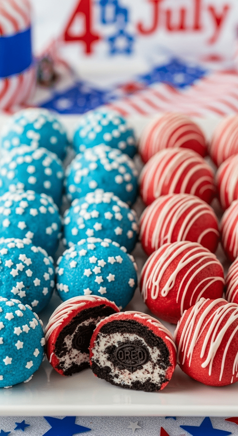 A platter of festive red, white, and blue Patriotic Oreo Balls.