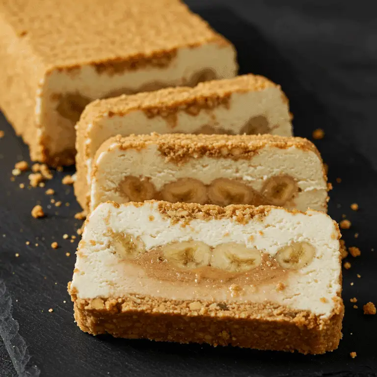 Three elegant slices of homemade Peanut Butter-Banana Semifreddo on a platter.