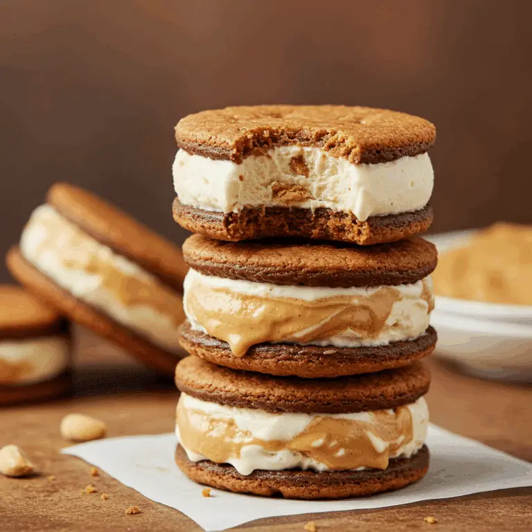 A stack of three homemade Peanut Butter Blondie Ice Cream Sandwiches.
