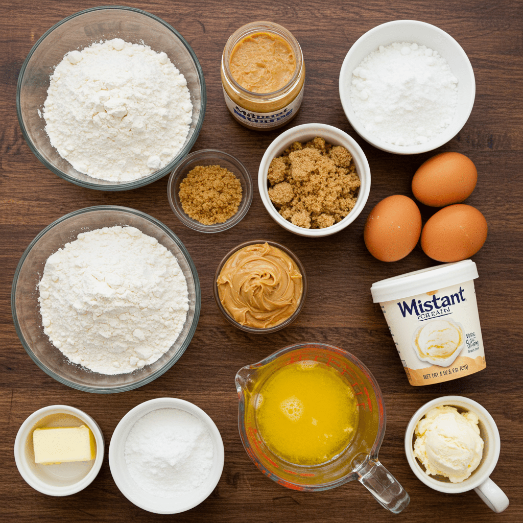 Ingredients for making from-scratch Peanut Butter Blondie Ice Cream Sandwiches.