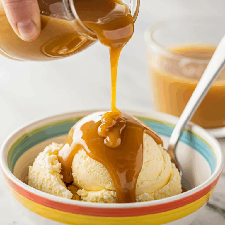 Pouring homemade Peanut Butter Shell over a scoop of vanilla ice cream.