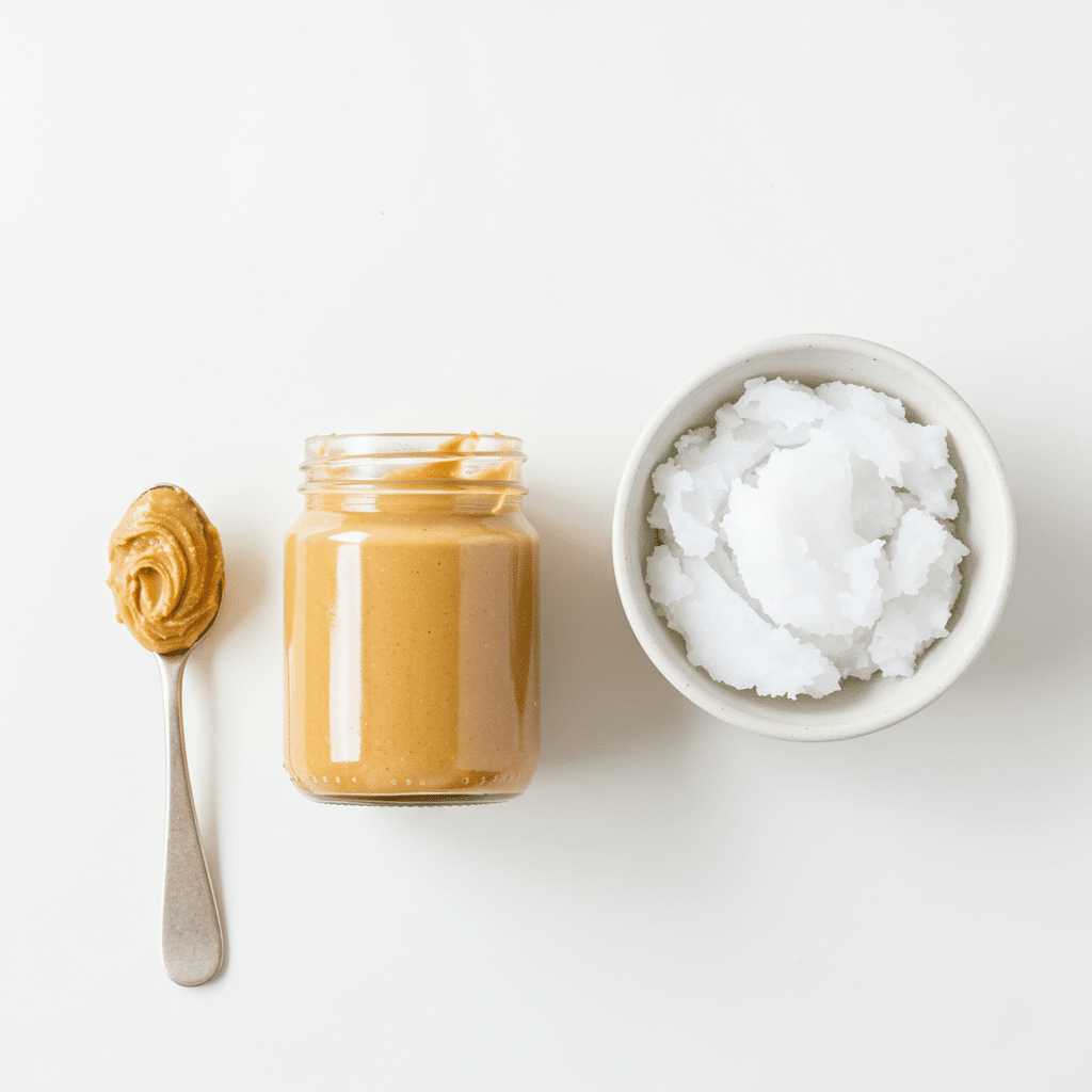 The two ingredients for the Peanut Butter Shell: smooth peanut butter and coconut oil.