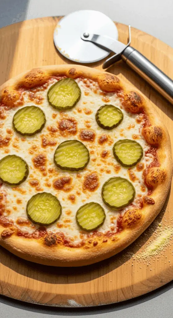 A whole, freshly-baked homemade Pickle Pizza on a peel.