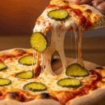 A hand lifting a slice of Pickle Pizza with a long, gooey cheese pull