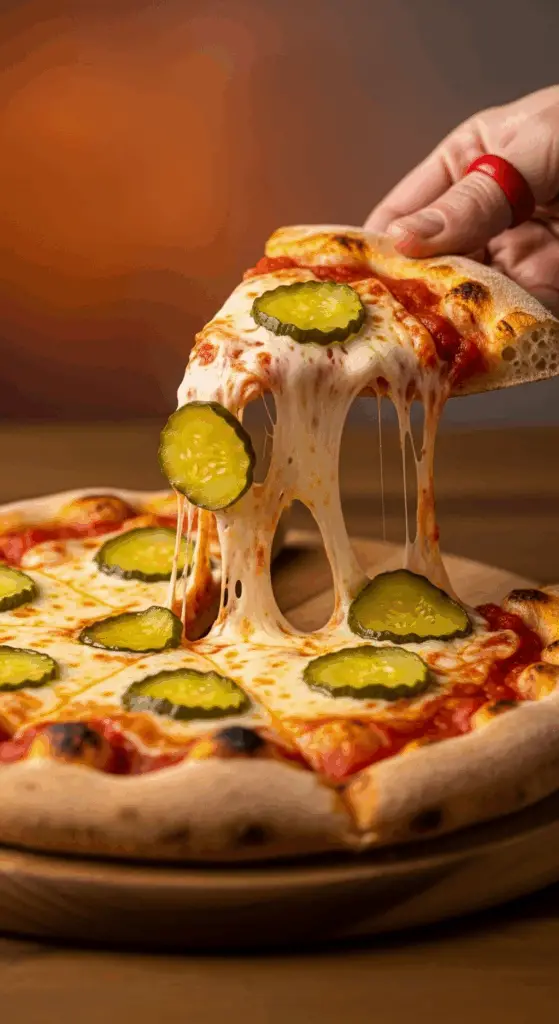 A hand lifting a slice of Pickle Pizza with a long, gooey cheese pull