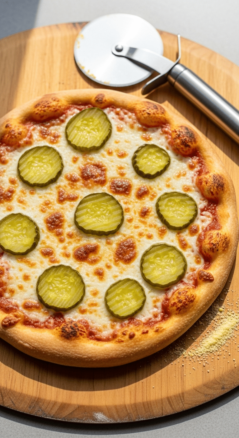A whole, freshly-baked homemade Pickle Pizza on a peel.