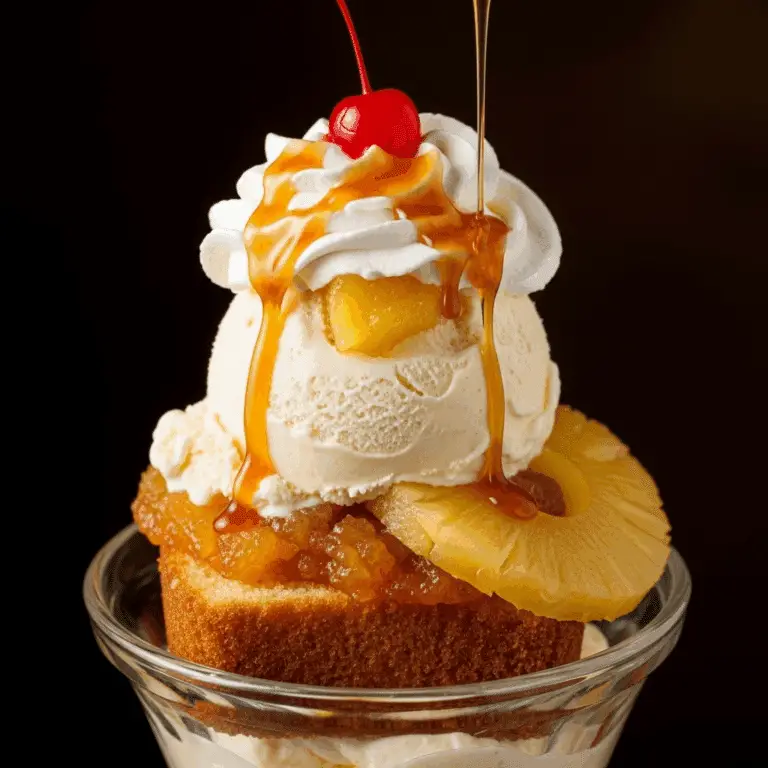 The ultimate, homemade Pineapple Upside-Down Sundae in a glass dish.