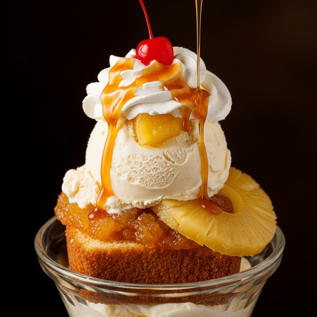 The ultimate, homemade Pineapple Upside-Down Sundae in a glass dish.