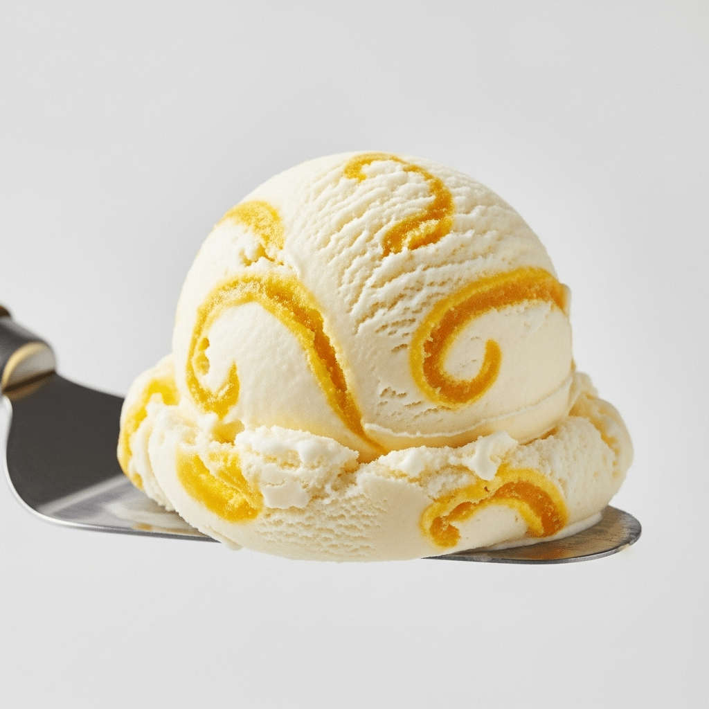 A perfect scoop of the homemade vanilla ice cream with pineapple swirl.