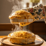 A hand lifting a ramekin to reveal a freshly baked Pizza Pot Pie.