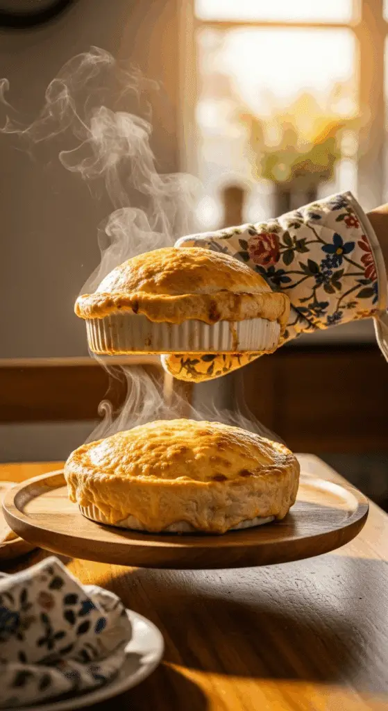 A hand lifting a ramekin to reveal a freshly baked Pizza Pot Pie.