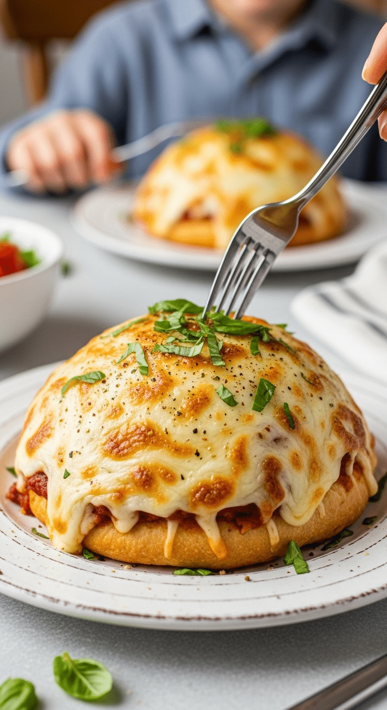 A homemade, individual Pizza Pot Pie covered in melted mozzarella cheese.