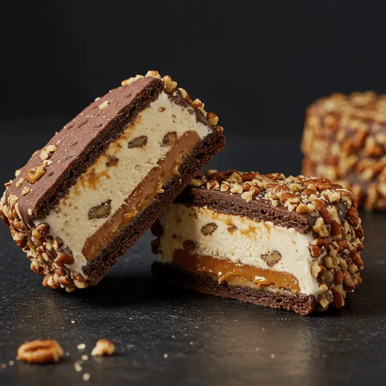Two elegant homemade Praline Ice Cream Sandwiches, one cut in half.