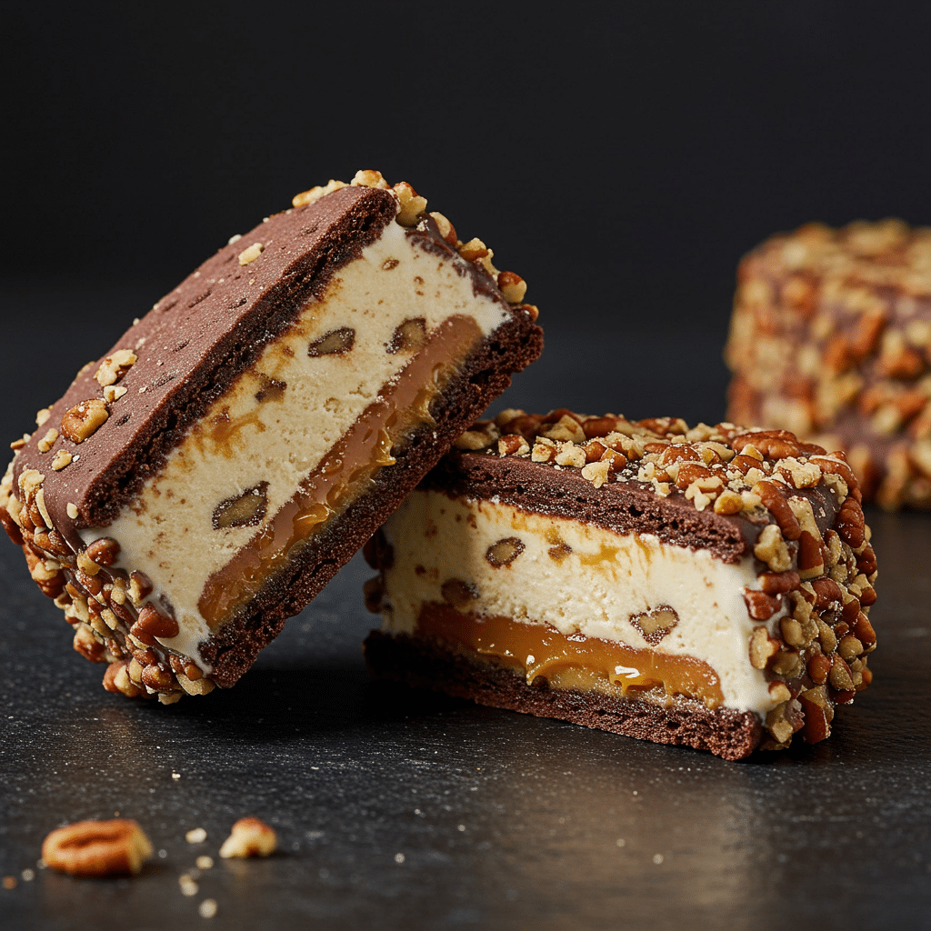 Two elegant homemade Praline Ice Cream Sandwiches, one cut in half.