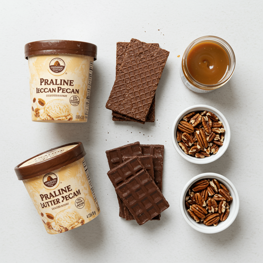 The simple, store-bought ingredients for making Praline Ice Cream Sandwiches.