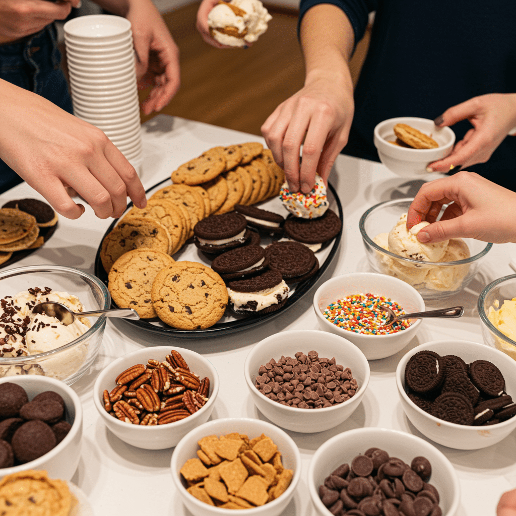 A party setup for a build-your-own Praline Ice Cream Sandwiches bar.