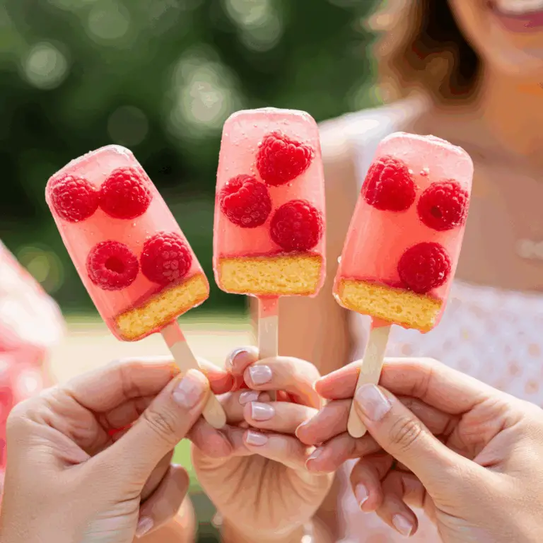 Three hands holding the finished, chic Pushable Rosé Pops at a party.