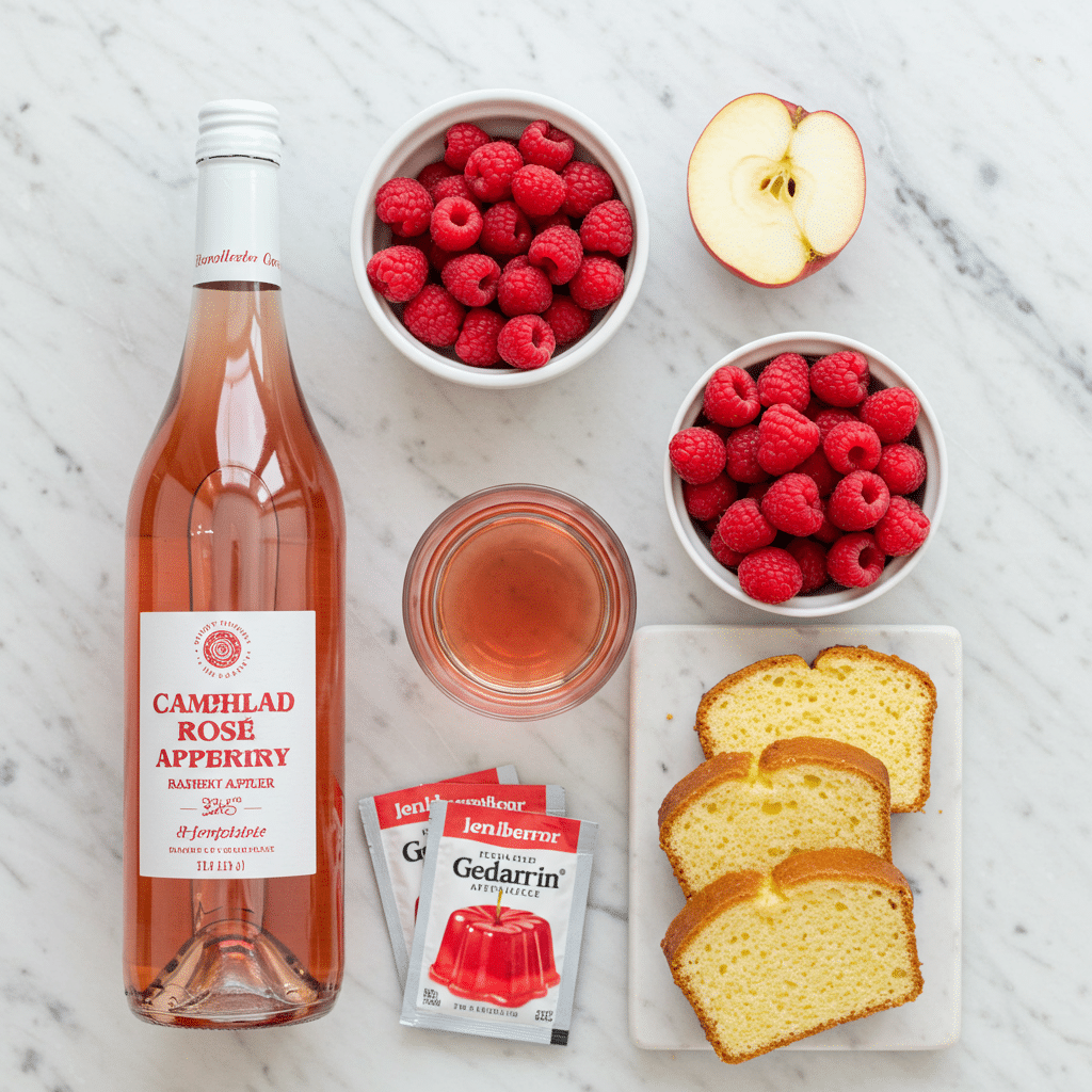 Ingredients for the Pushable Rosé Pops, including rosé wine and fresh raspberries.