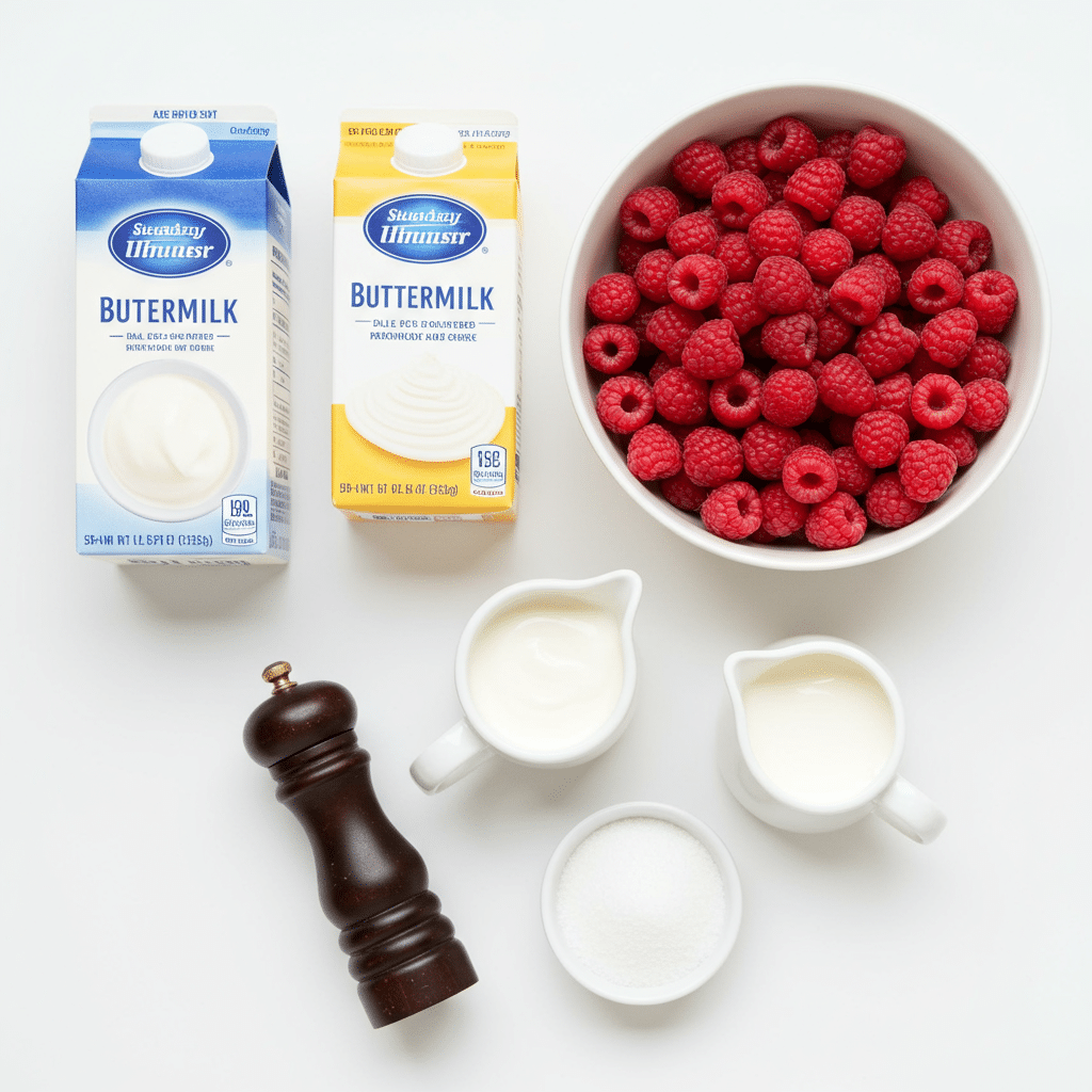 Ingredients for Raspberry Buttermilk Sherbet: raspberries, buttermilk, and black pepper.