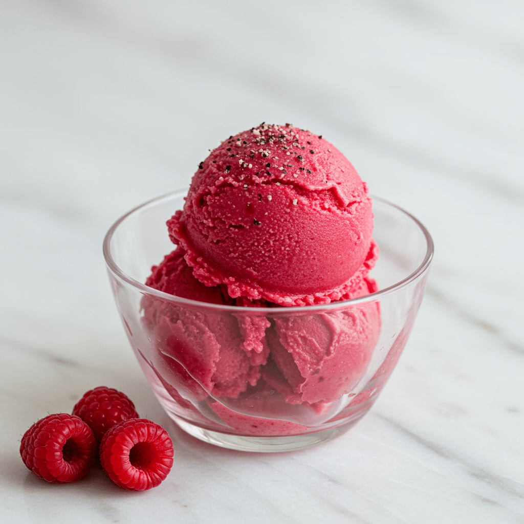 A scoop of homemade Raspberry Buttermilk Sherbet garnished with black pepper.