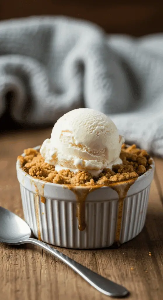 A warm, homemade Single-Serve Apple Crumble in a ramekin with a scoop of melting ice cream.