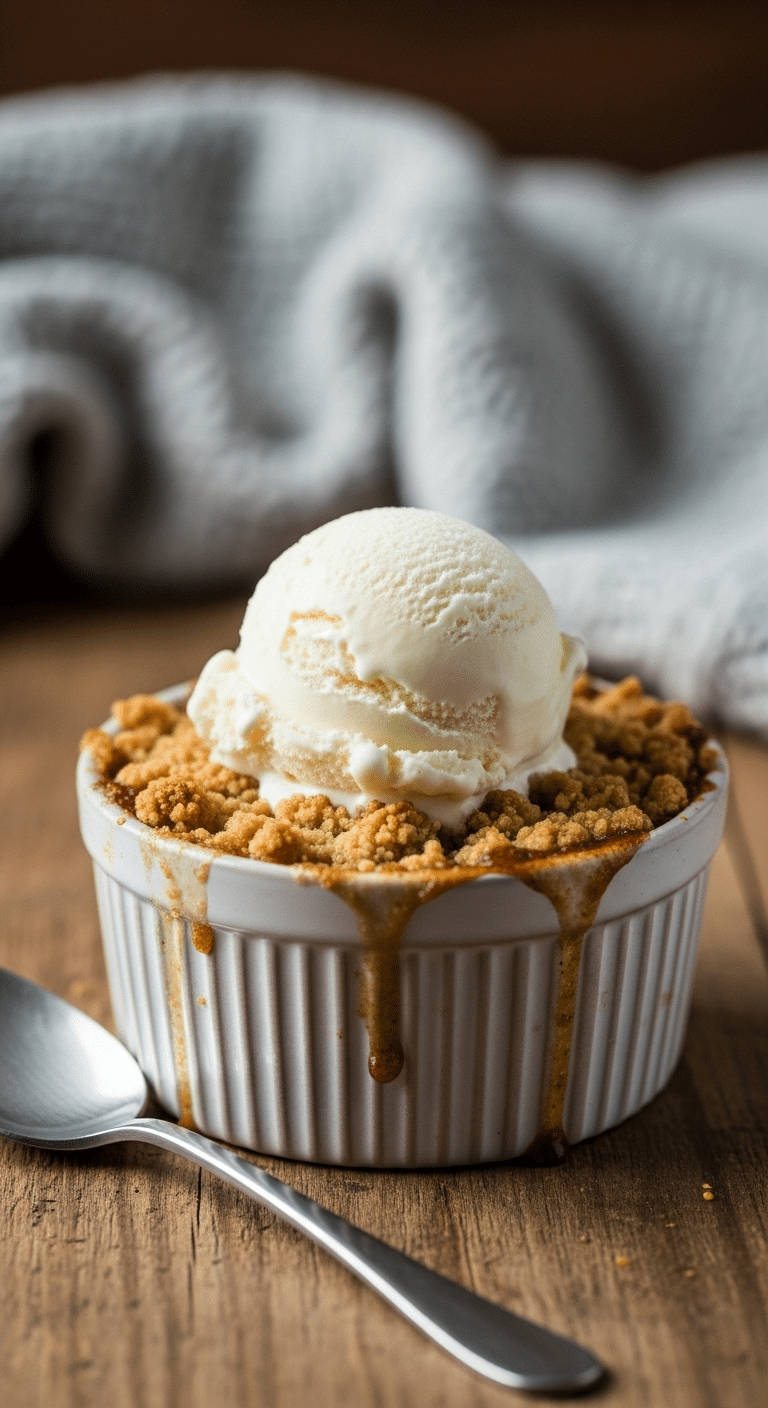 A warm, homemade Single-Serve Apple Crumble in a ramekin with a scoop of melting ice cream.