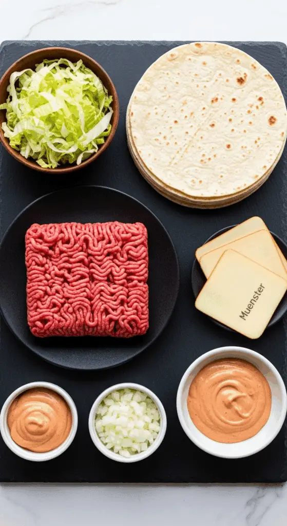 Ingredients for making viral Smash Burger Tacos.