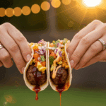 Two hands holding and eating delicious Smash Burger Tacos.