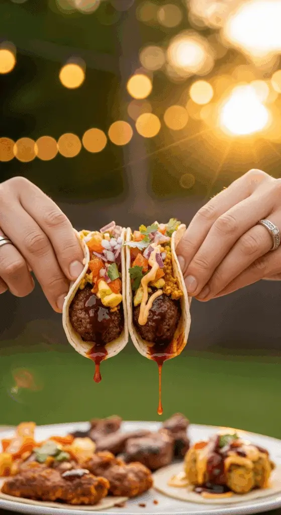 Two hands holding and eating delicious Smash Burger Tacos.