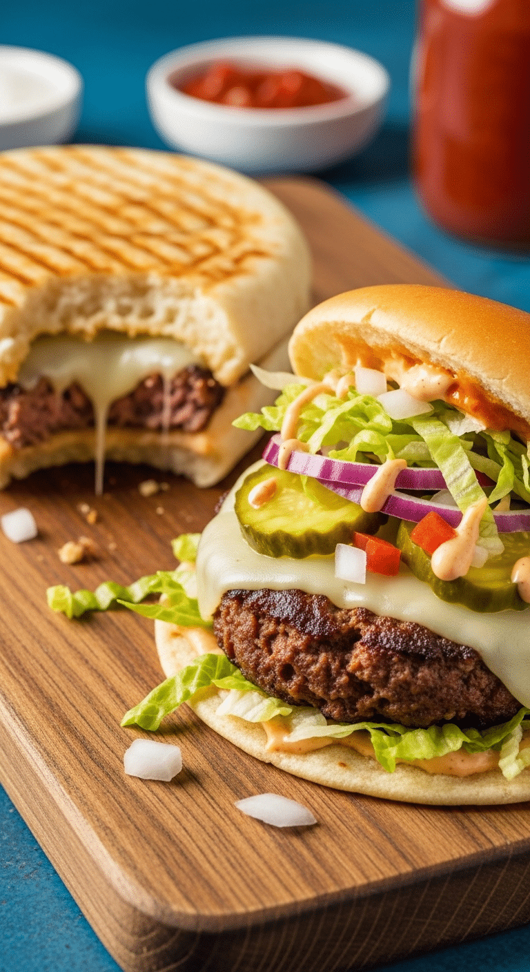 Two delicious, homemade Smash Burger Tacos loaded with toppings.