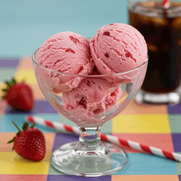 Two scoops of homemade Strawberry-Soda Ice Cream in a retro sundae dish.