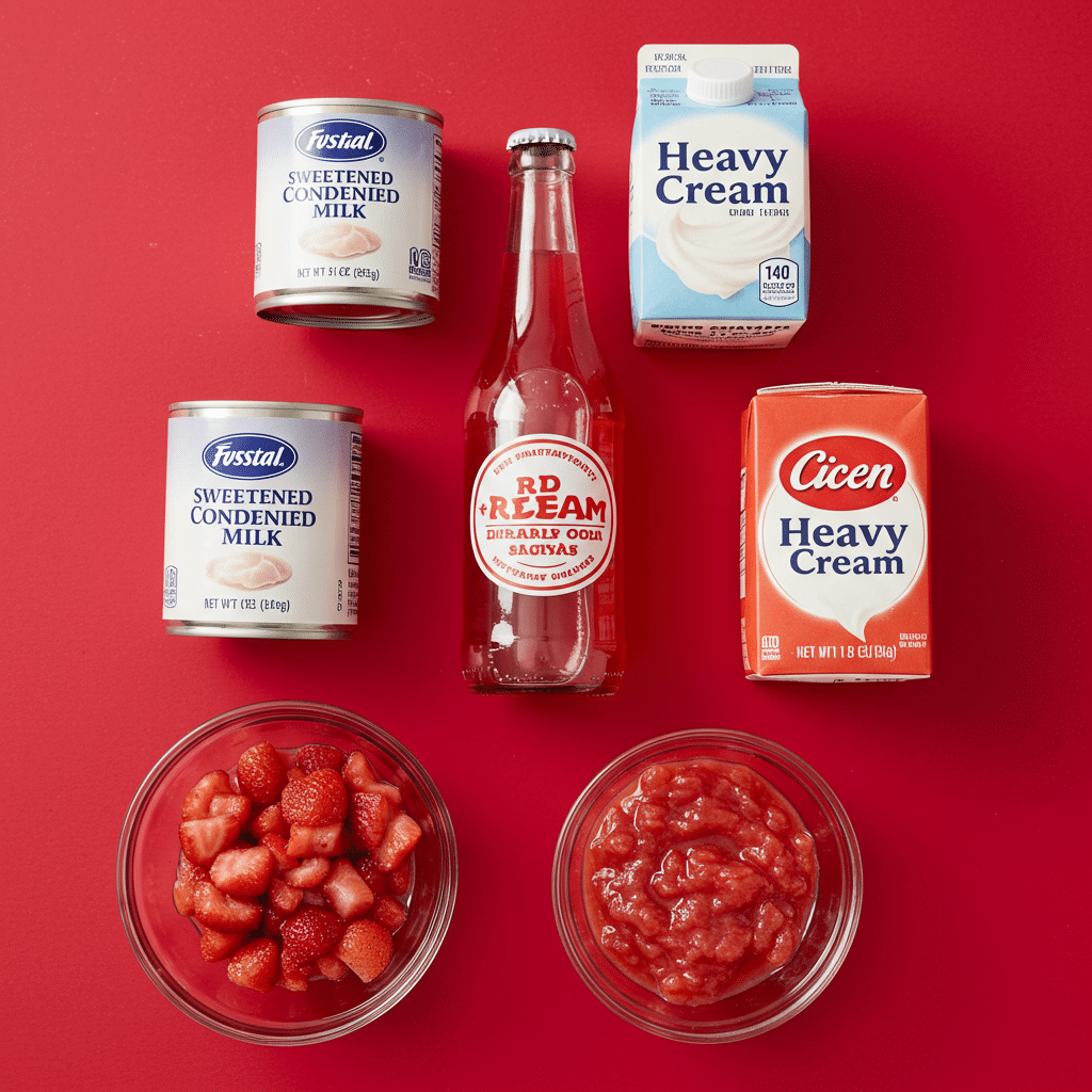 Ingredients for the easy Strawberry-Soda Ice Cream recipe.