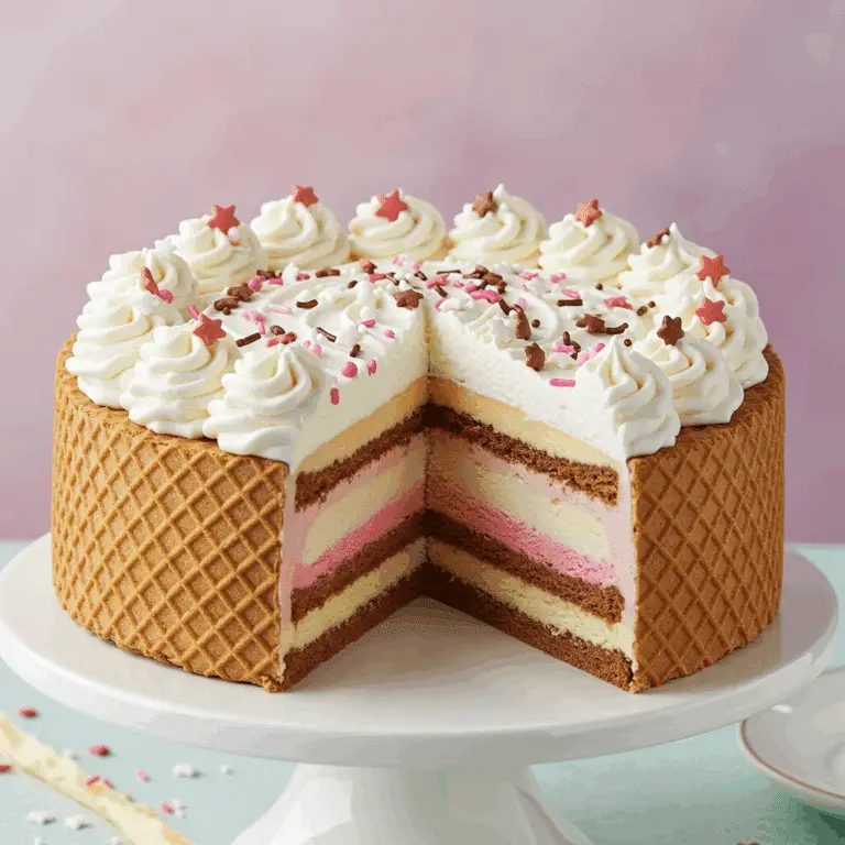 A whole Sugar Wafer Neapolitan Ice Cream Cake with a slice removed to show the inside.