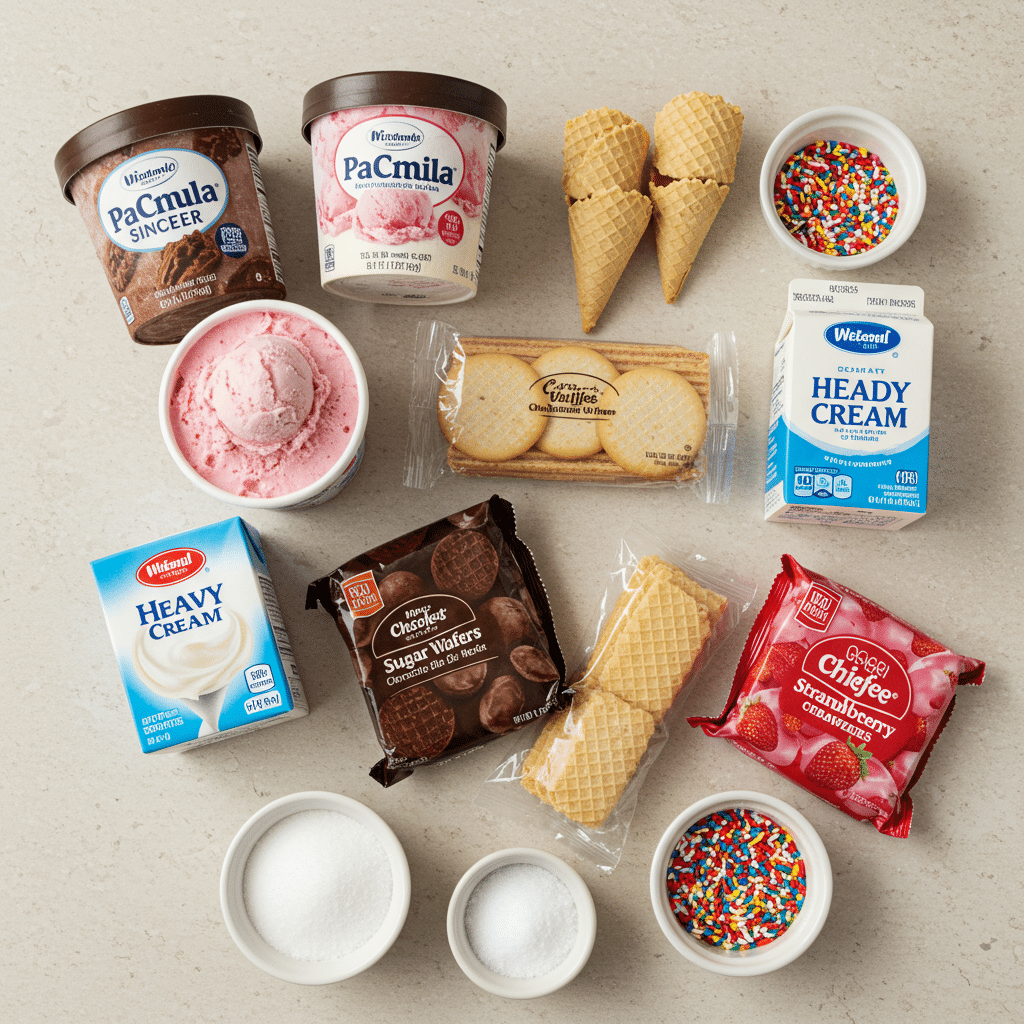 Ingredients for the Sugar Wafer Neapolitan Ice Cream Cake.