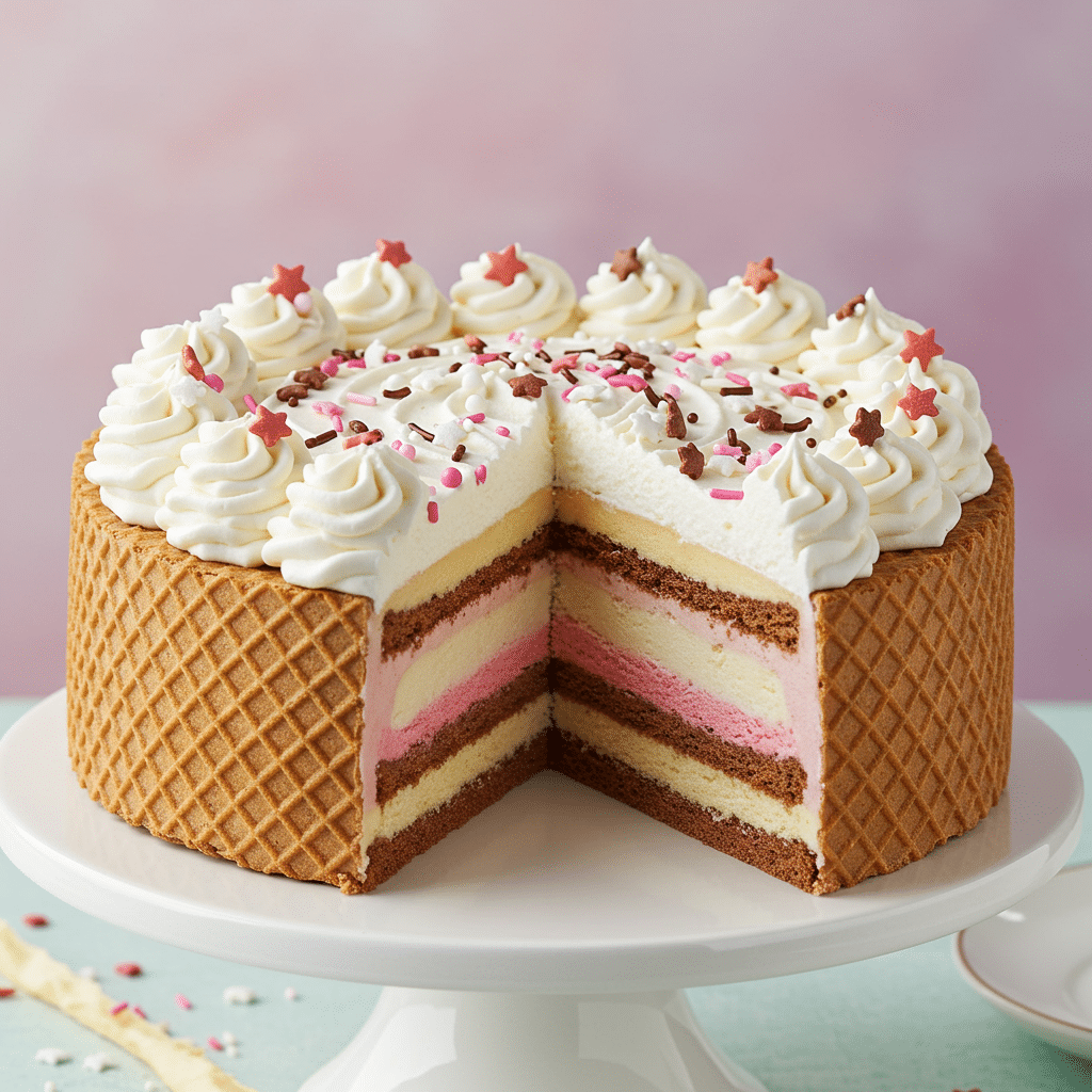 A whole Sugar Wafer Neapolitan Ice Cream Cake with a slice removed to show the inside.
