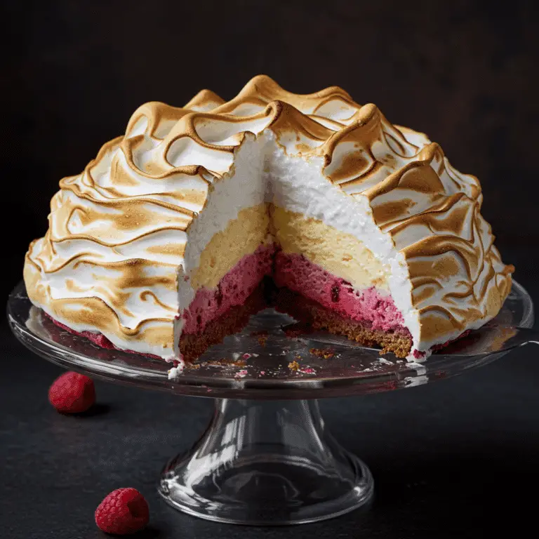 The finished, toasted Summer Berry Baked Alaska with a slice removed to show the layers.