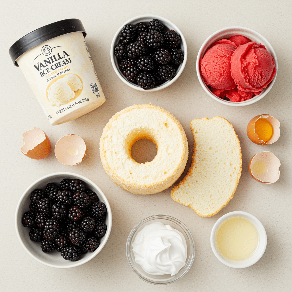 Ingredients for the Summer Berry Baked Alaska, including ice cream, sorbet, and angel food cake.
