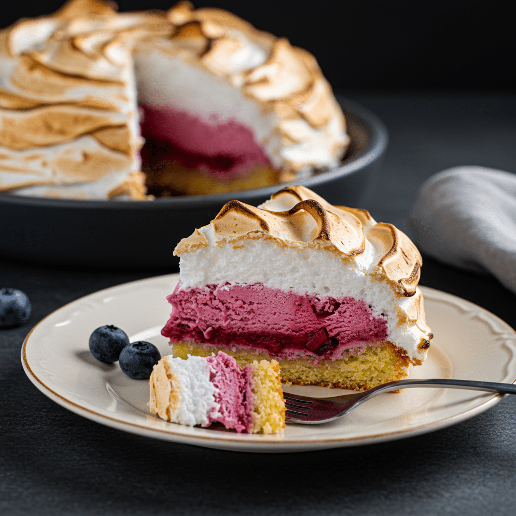 A perfect slice of the Summer Berry Baked Alaska showing the interior layers.