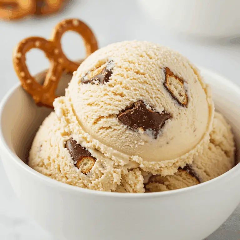 A scoop of homemade Sweet-and-Salty Ice Cream with chocolate-covered pretzel pieces.