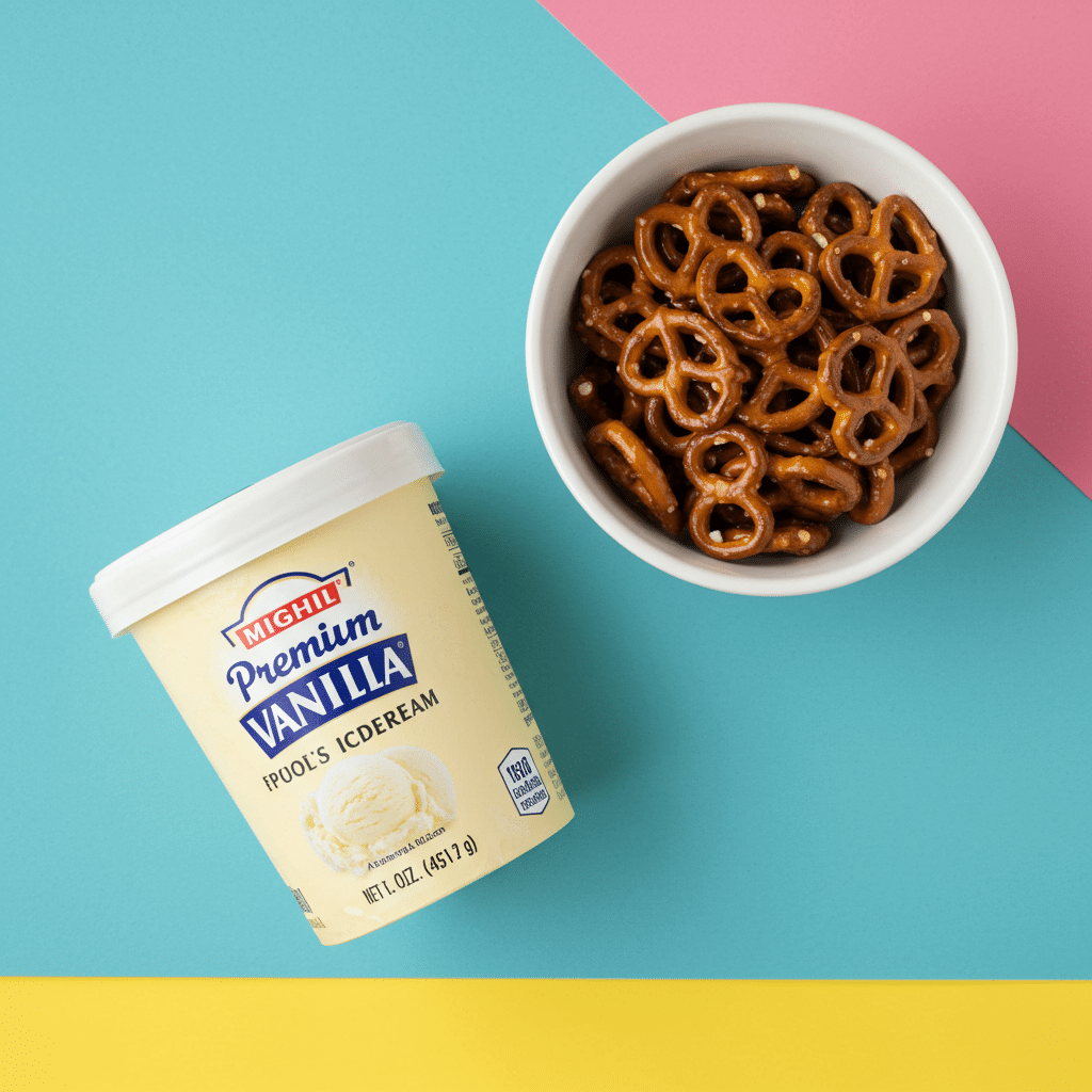 The two simple ingredients for Sweet-and-Salty Ice Cream: vanilla ice cream and chocolate-covered pretzels.